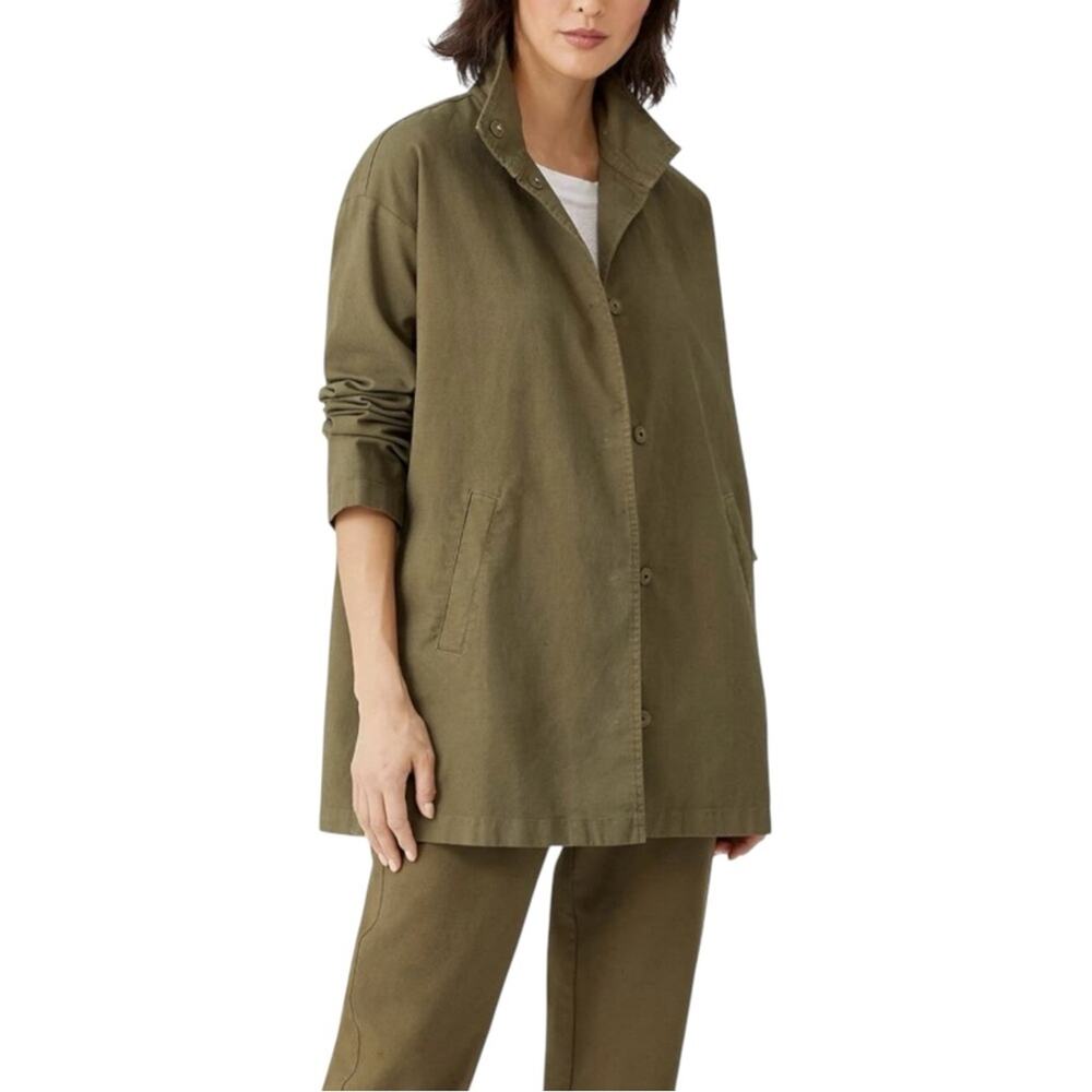 Eileen Fisher Organic Cotton and Hemp Stand Collar Green Long Jacket SMALL